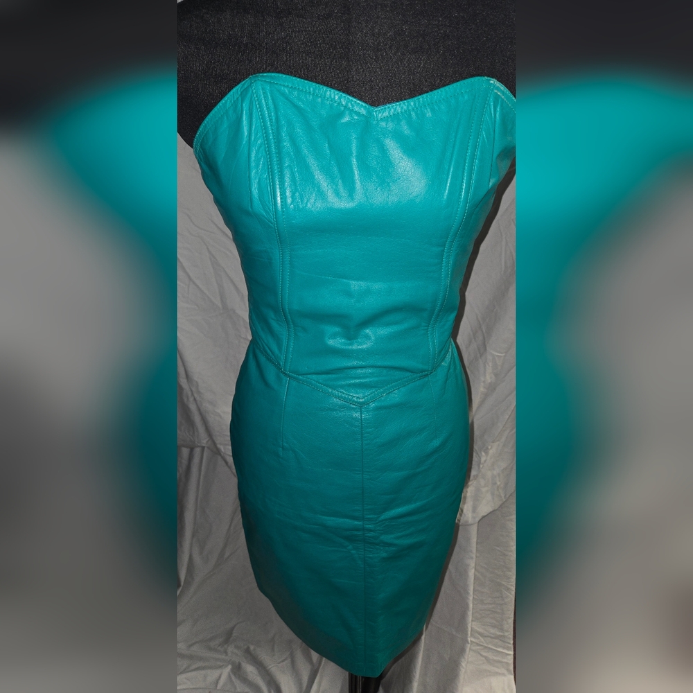 International Rinzi Vintage Teal Leather 2 Piece Strapless Dress - Picture 4 of 11